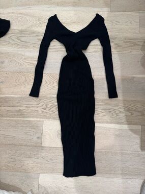 Hera Collection Black Ribbed off shoulder deep v neck midi Sweater dress